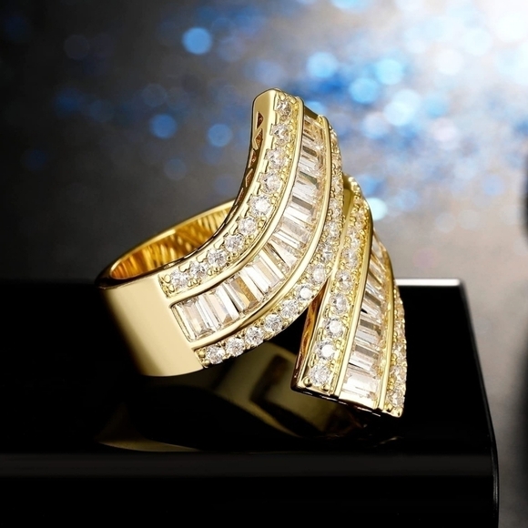 Double Band Baguette Cut Diamonds Gold Ring Stacked Curved Statement - Picture 3 of 4